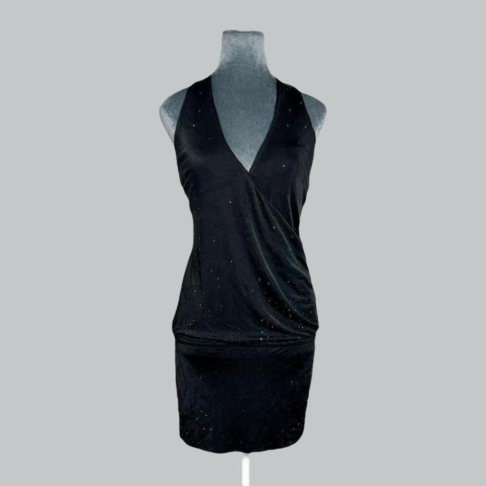 2000s Bebe silk knit black mini halter sparkly crystal party cocktail dress M